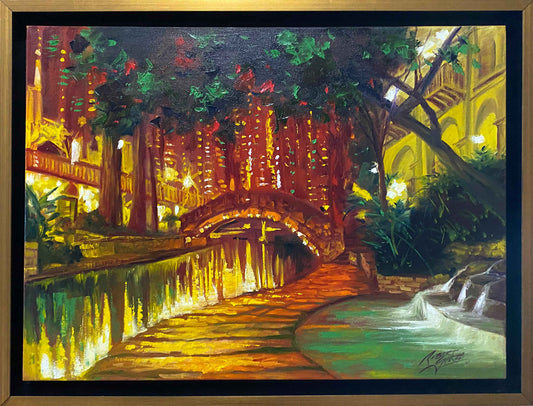 Golden Night on the San Antonio Riverwalk - 26.5" x 20.5" Oil on Canvas